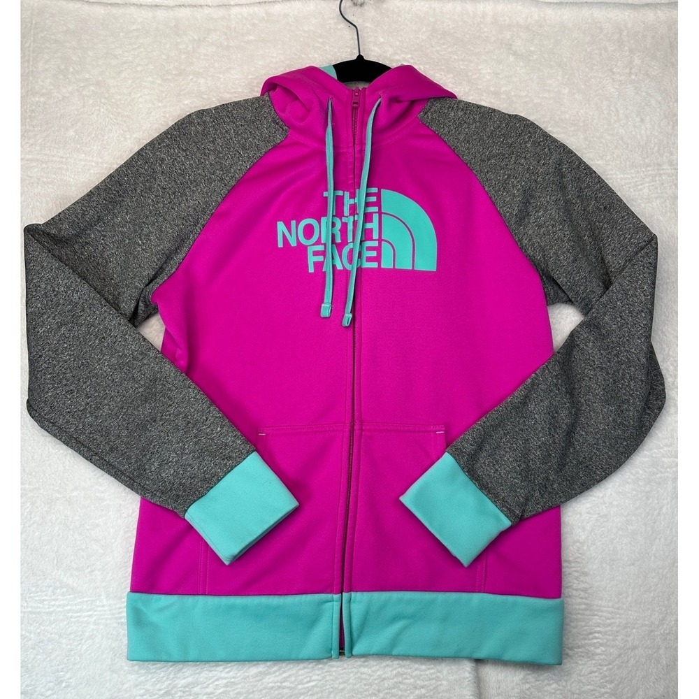 The North Face Full Zip Hoodie Womens Medium Pink Grey Teal Logo Sweatshirt